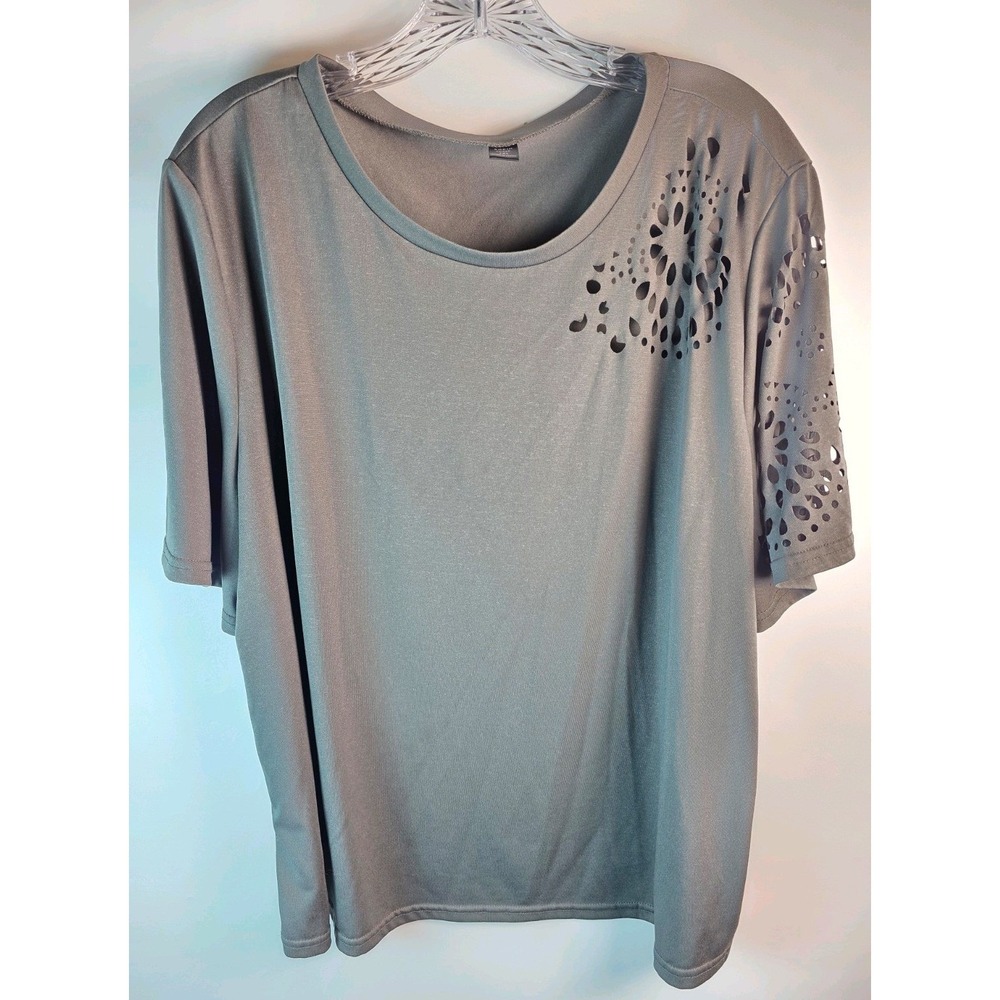Shein Curve Women 2XL Gray Laser Cut Eyelet Short Sleeve Blouse Top